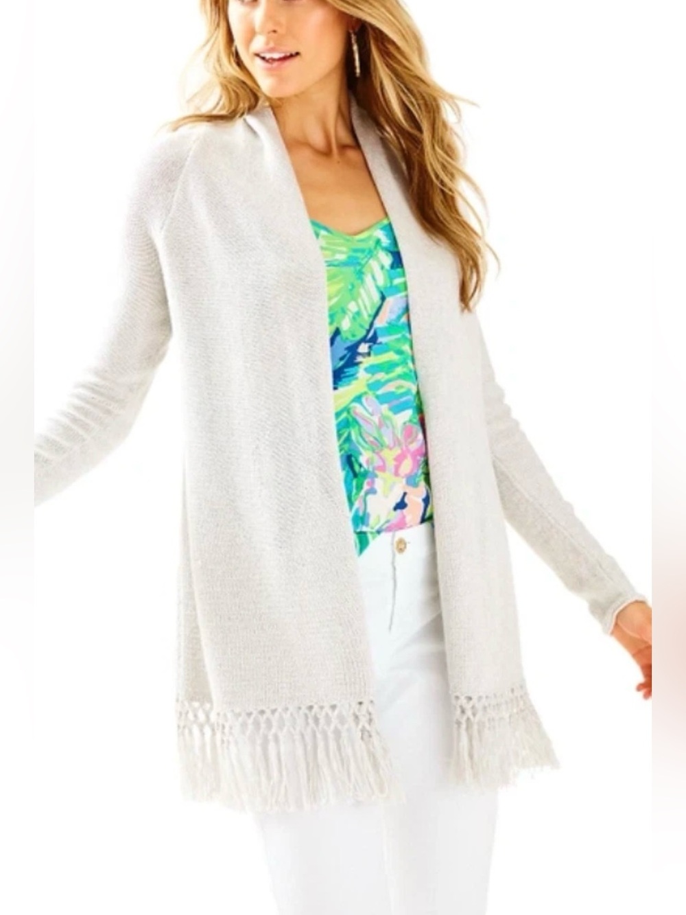 Lilly Pulitzer Tatum Open Fringe Cardigan White XL